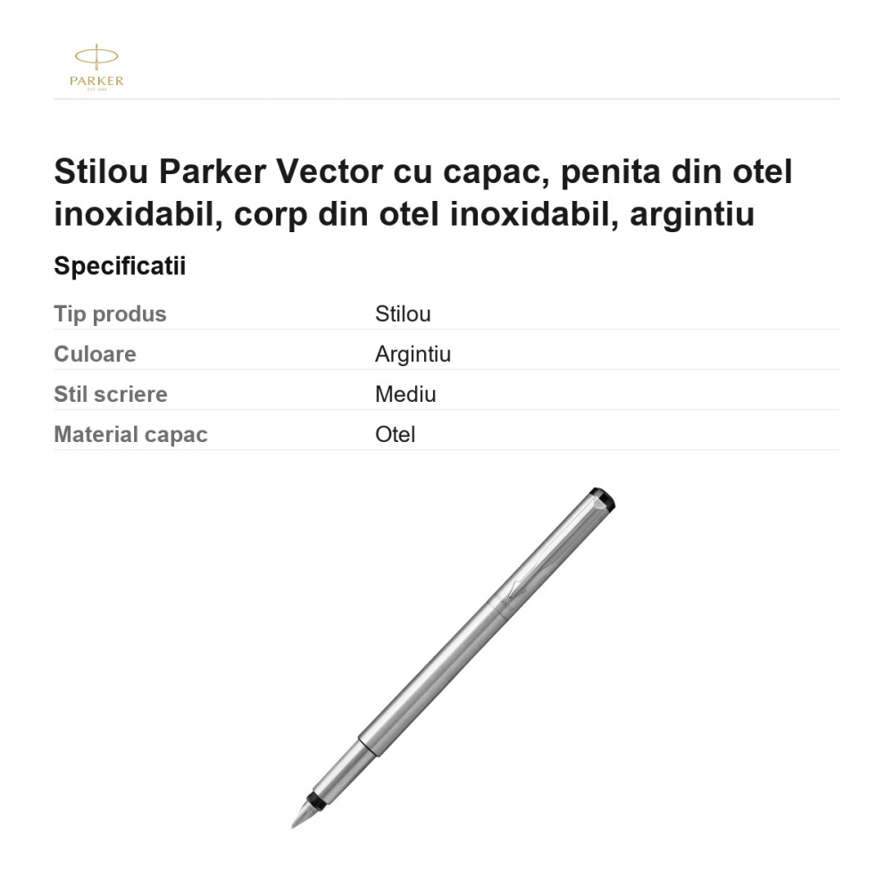 Stilou Parker Vector cu capac, penita din otel inoxidabil, corp din otel inoxidabil, argintiu [3]