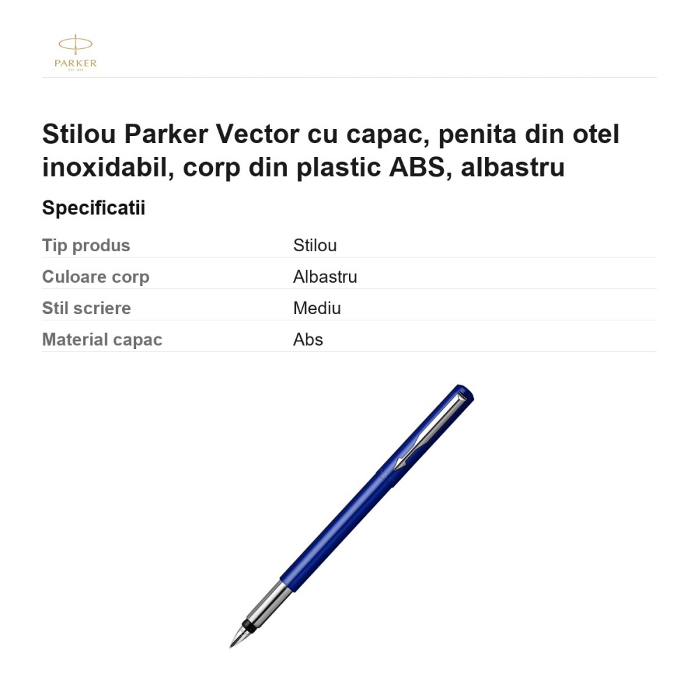Stilou Parker Vector cu capac, penita din otel inoxidabil, corp din plastic ABS, albastru [3]