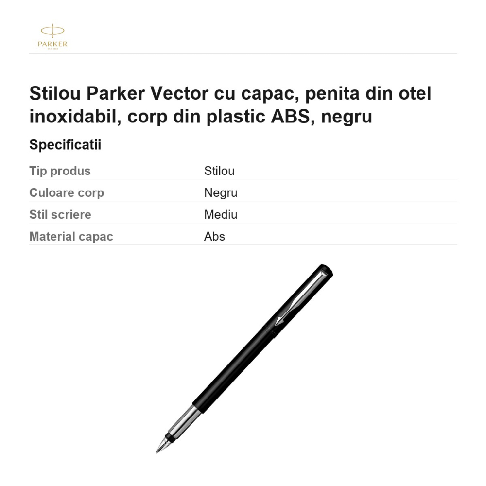 Stilou Parker Vector cu capac, penita din otel inoxidabil, corp din plastic ABS, negru [3]