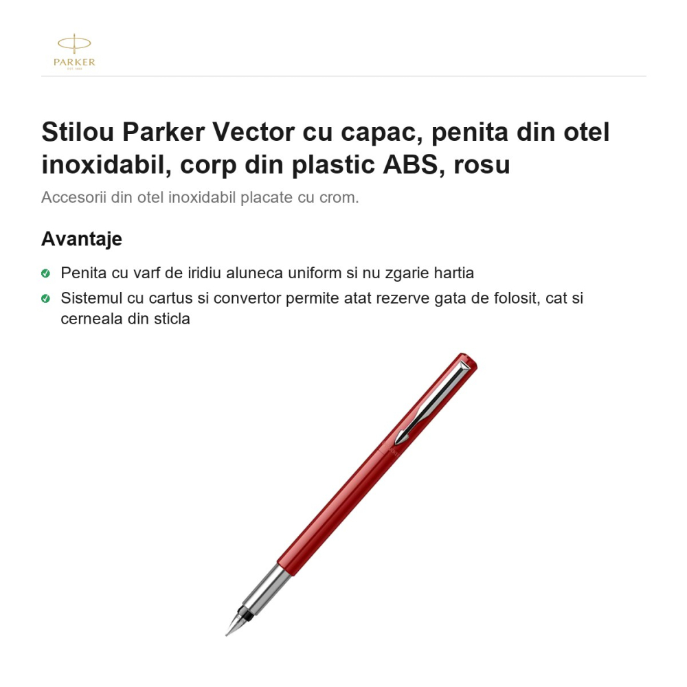 Stilou Parker Vector cu capac, penita din otel inoxidabil, corp din plastic ABS, rosu [2]