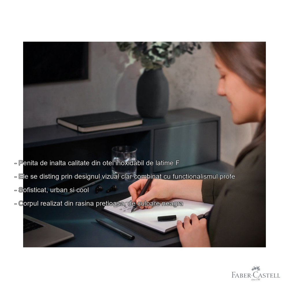 Stilou premium Faber-Castell Ambition All Black, penita otel inoxidabil F, design urban all-black, pentru scriere eleganta [2]
