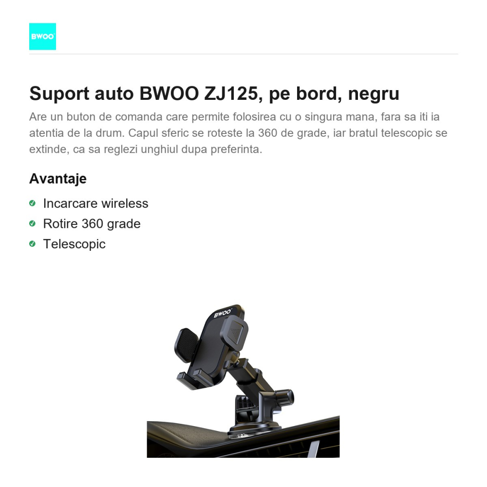 Suport auto BWOO ZJ125, pe bord, negru [2]
