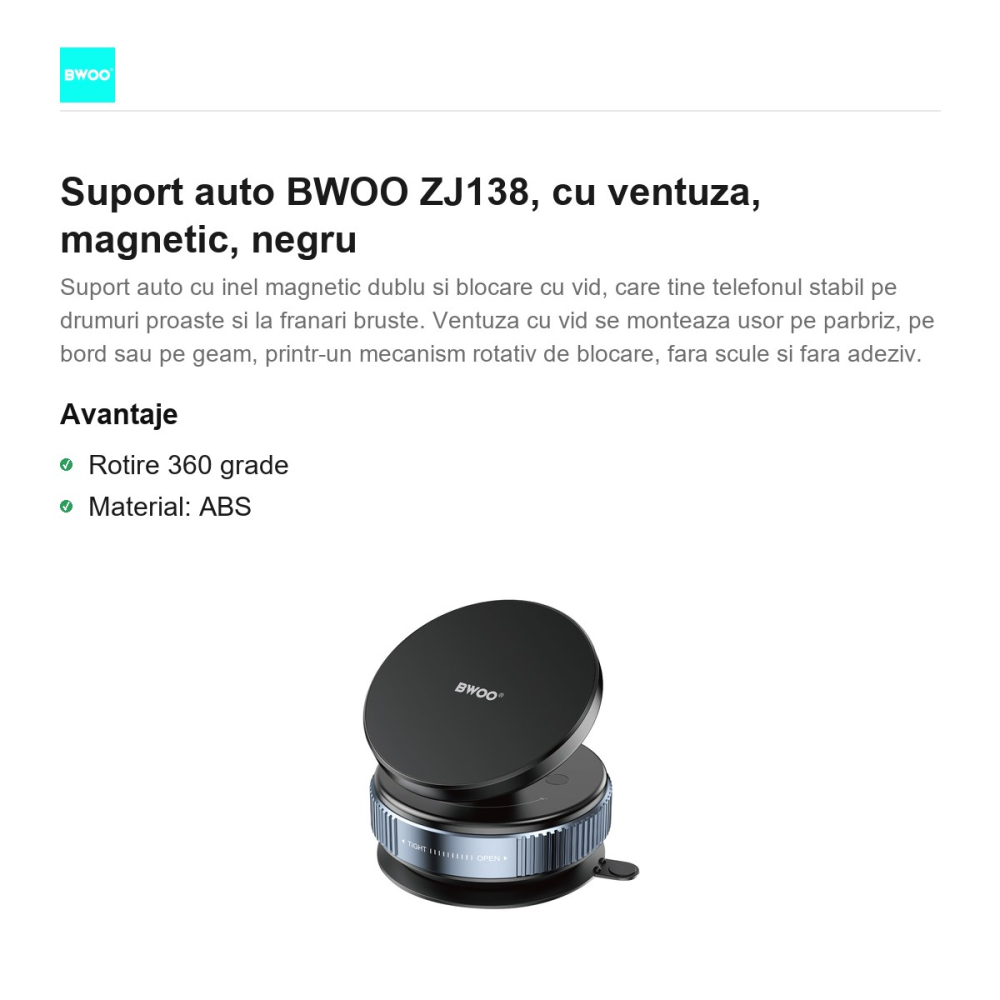 Suport auto BWOO ZJ138, cu ventuza, magnetic, negru [2]