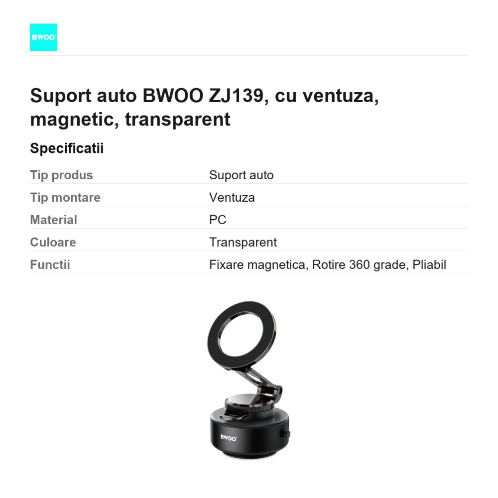 Suport auto BWOO ZJ139, cu ventuza, magnetic, transparent [3]