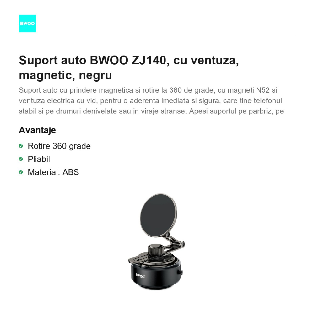 Suport auto BWOO ZJ140, cu ventuza, magnetic, negru [2]