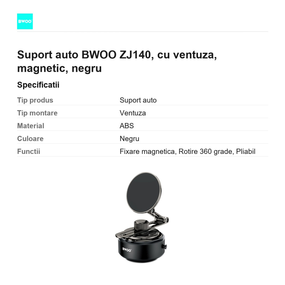 Suport auto BWOO ZJ140, cu ventuza, magnetic, negru [3]