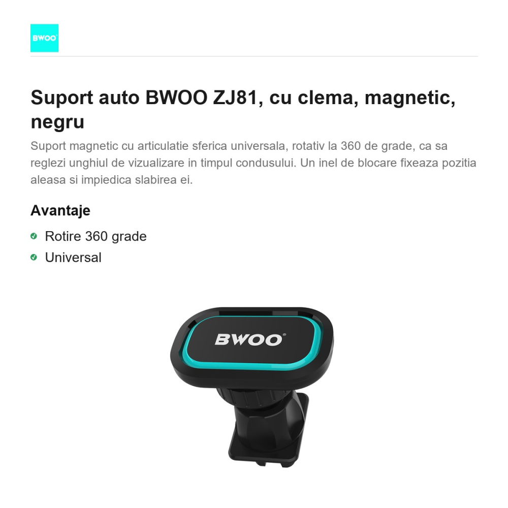 Suport auto BWOO ZJ81, cu clema, magnetic, negru [2]