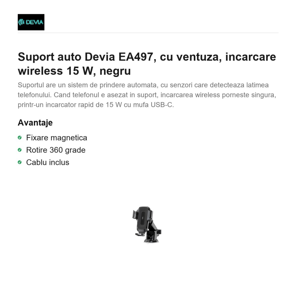 Suport auto Devia EA497, cu ventuza, incarcare wireless 15 W, negru [2]