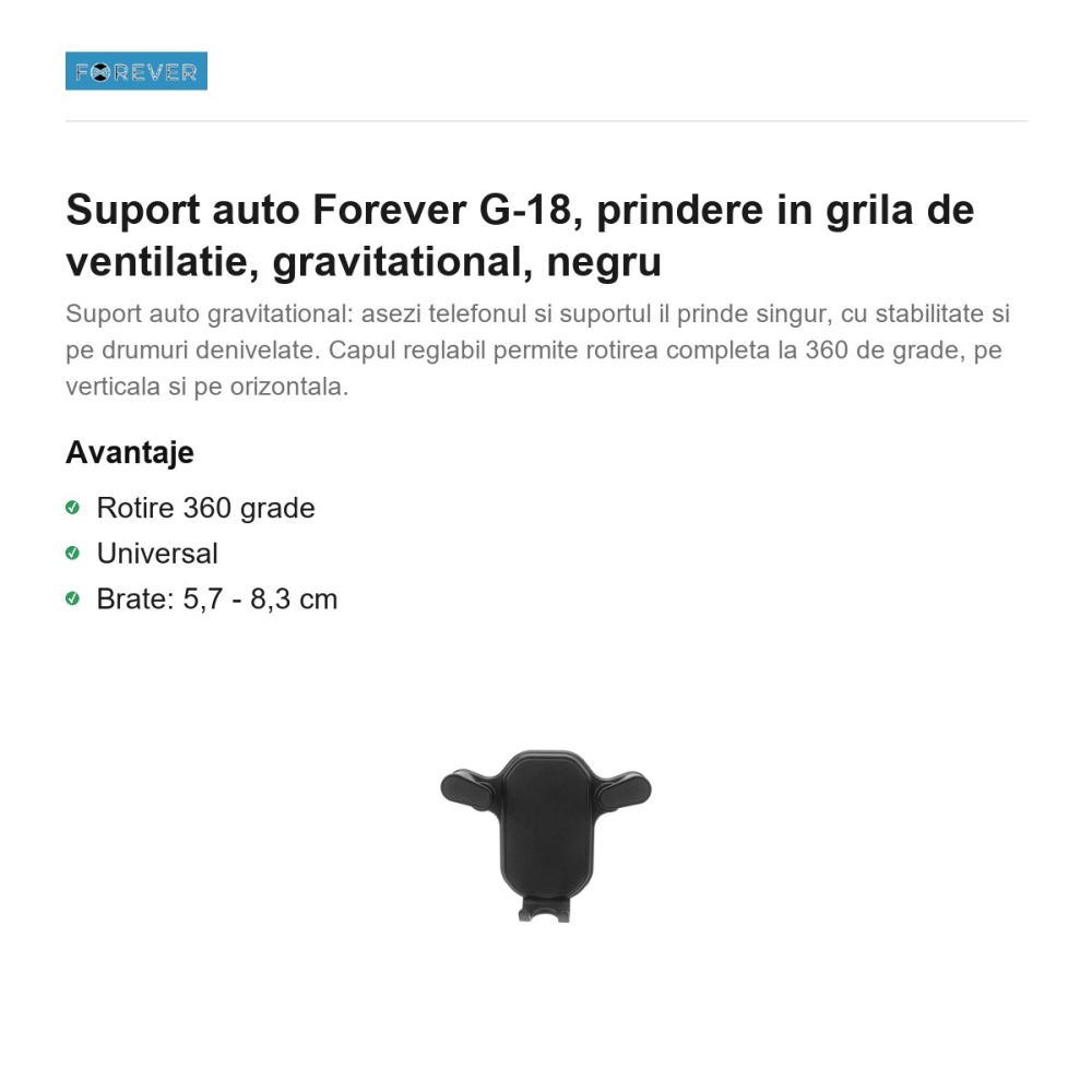 Suport auto Forever G-18, prindere in grila de ventilatie, gravitational, negru [2]