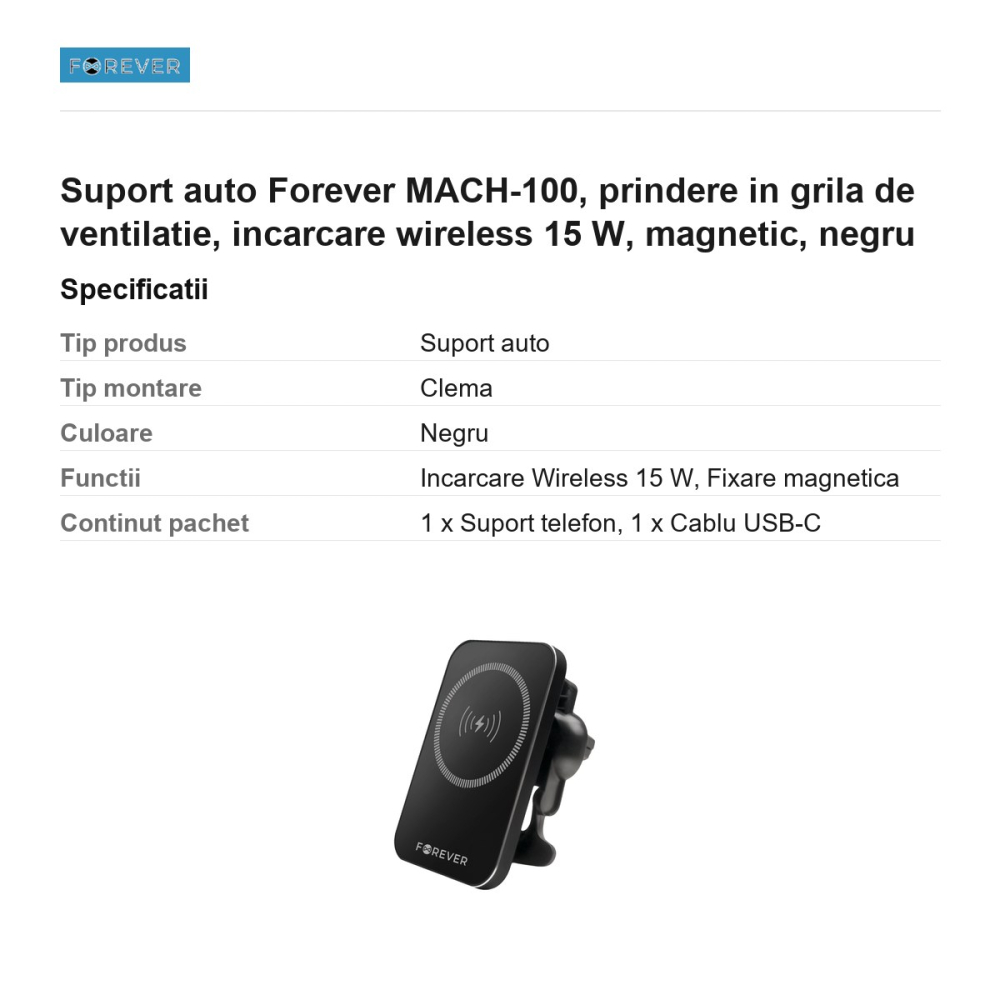 Suport auto Forever MACH-100, prindere in grila de ventilatie, incarcare wireless 15 W, magnetic, negru [3]