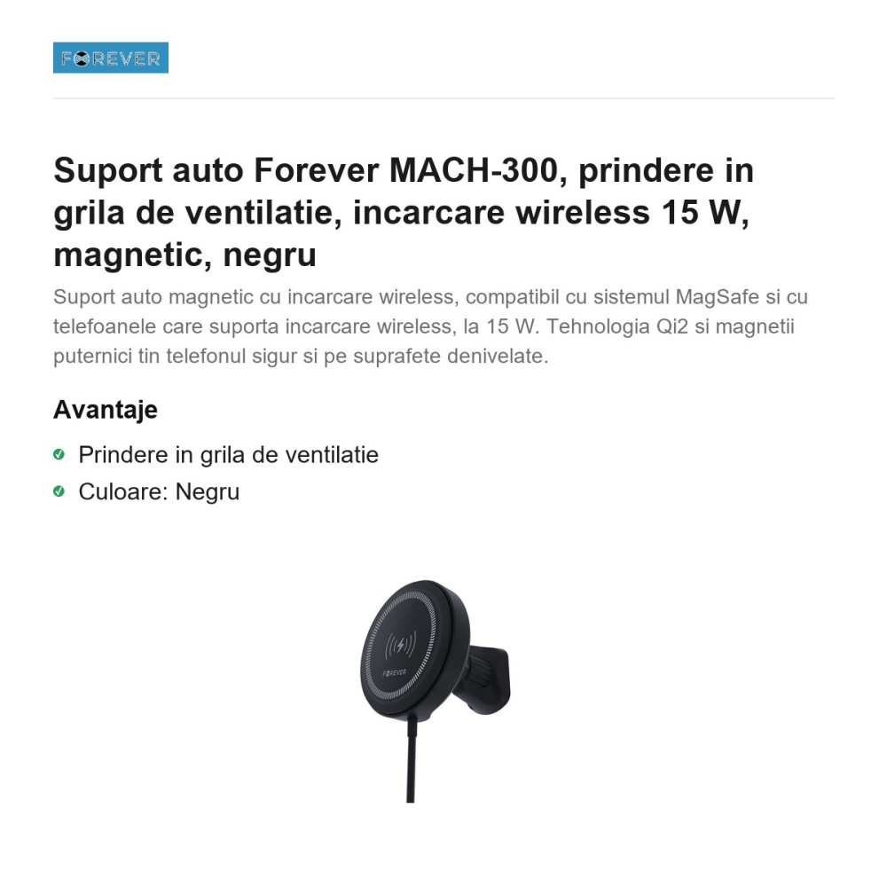 Suport auto Forever MACH-300, prindere in grila de ventilatie, incarcare wireless 15 W, magnetic, negru [2]
