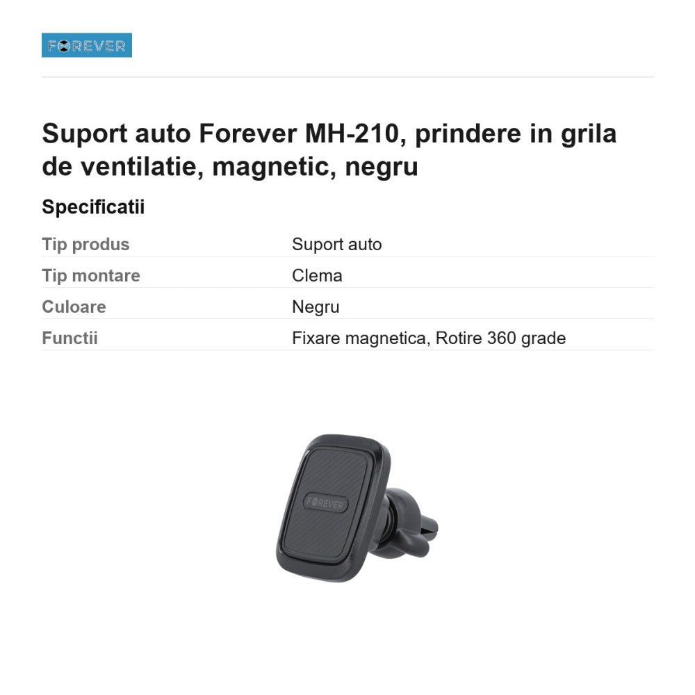 Suport auto Forever MH-210, prindere in grila de ventilatie, magnetic, negru [3]