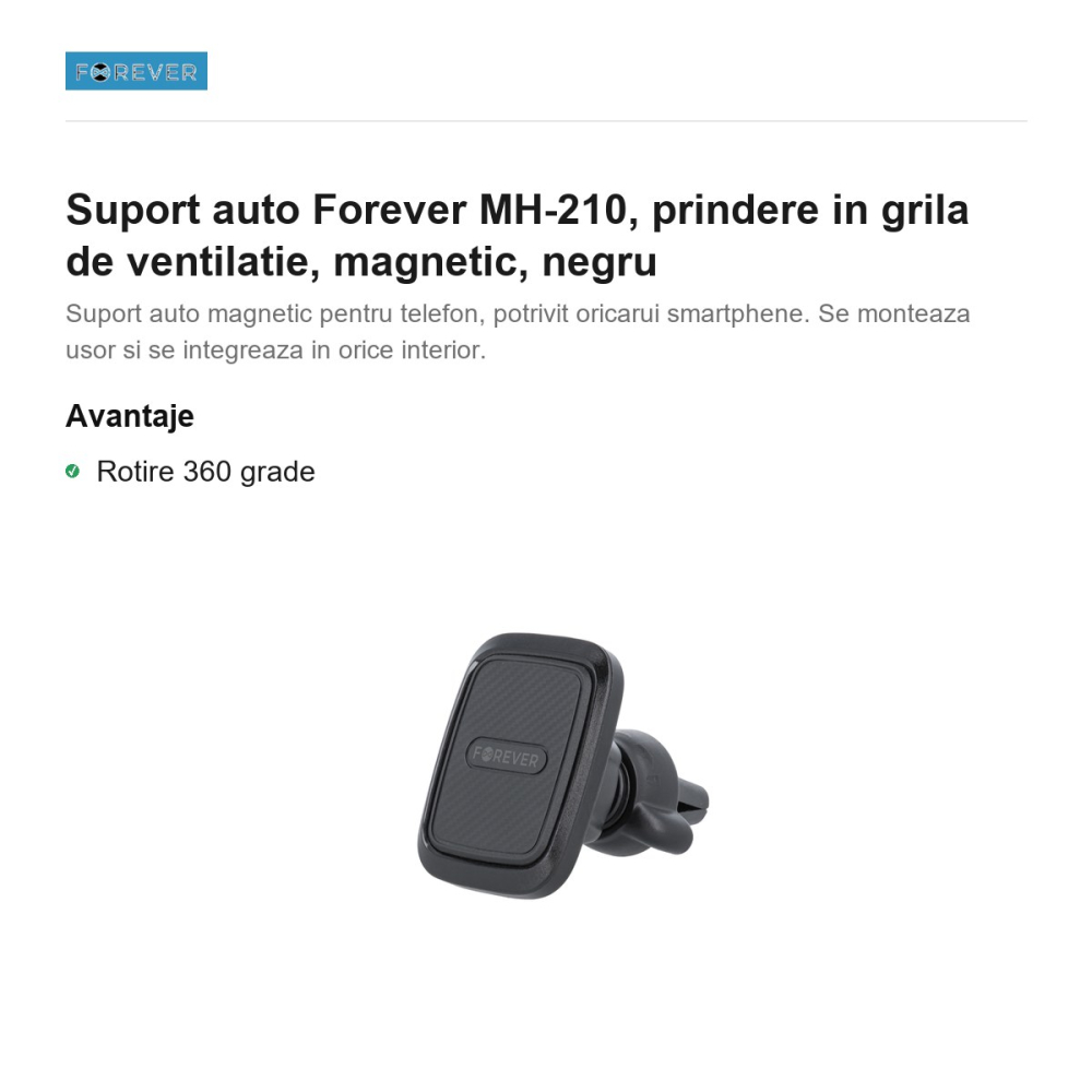 Suport auto Forever MH-210, prindere in grila de ventilatie, magnetic, negru [2]