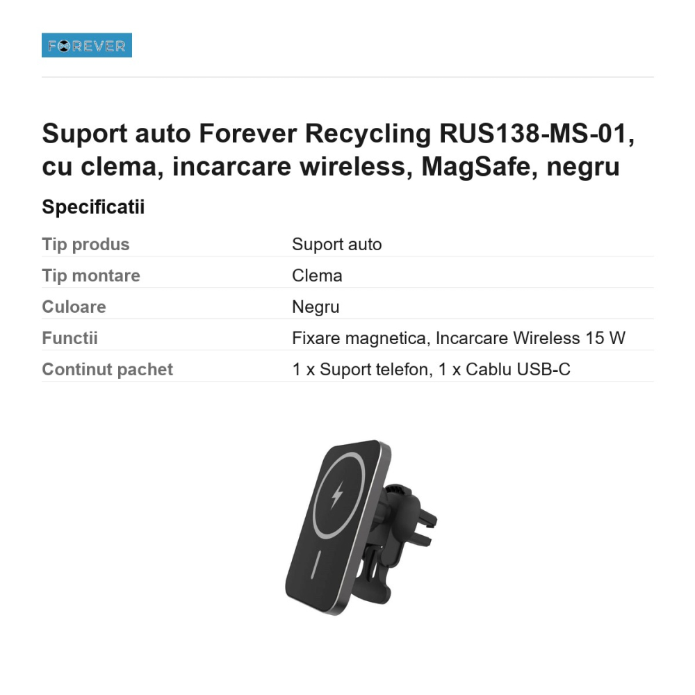 Suport auto Forever Recycling RUS138-MS-01, cu clema, incarcare wireless, MagSafe, negru [3]