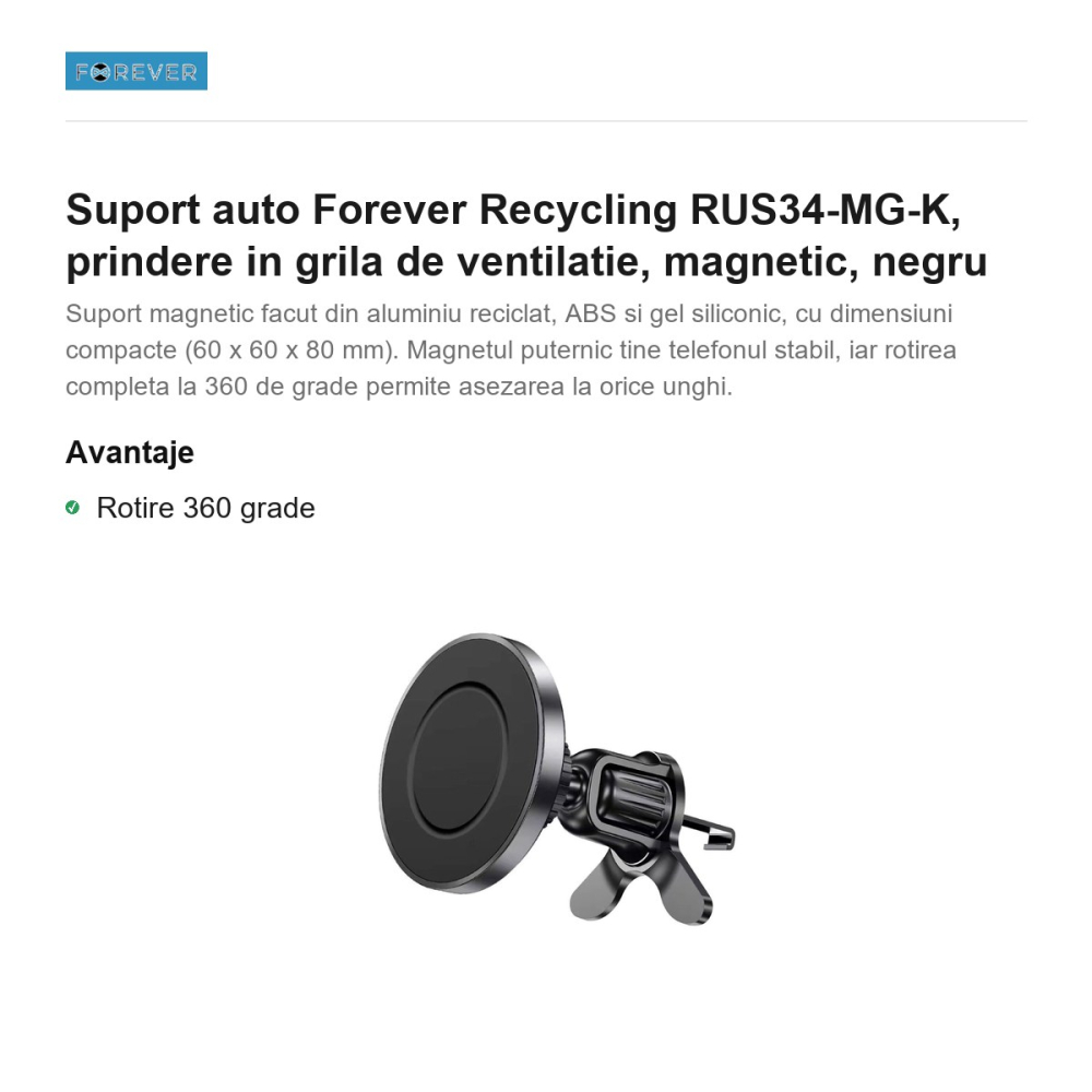 Suport auto Forever Recycling RUS34-MG-K, prindere in grila de ventilatie, magnetic, negru [2]