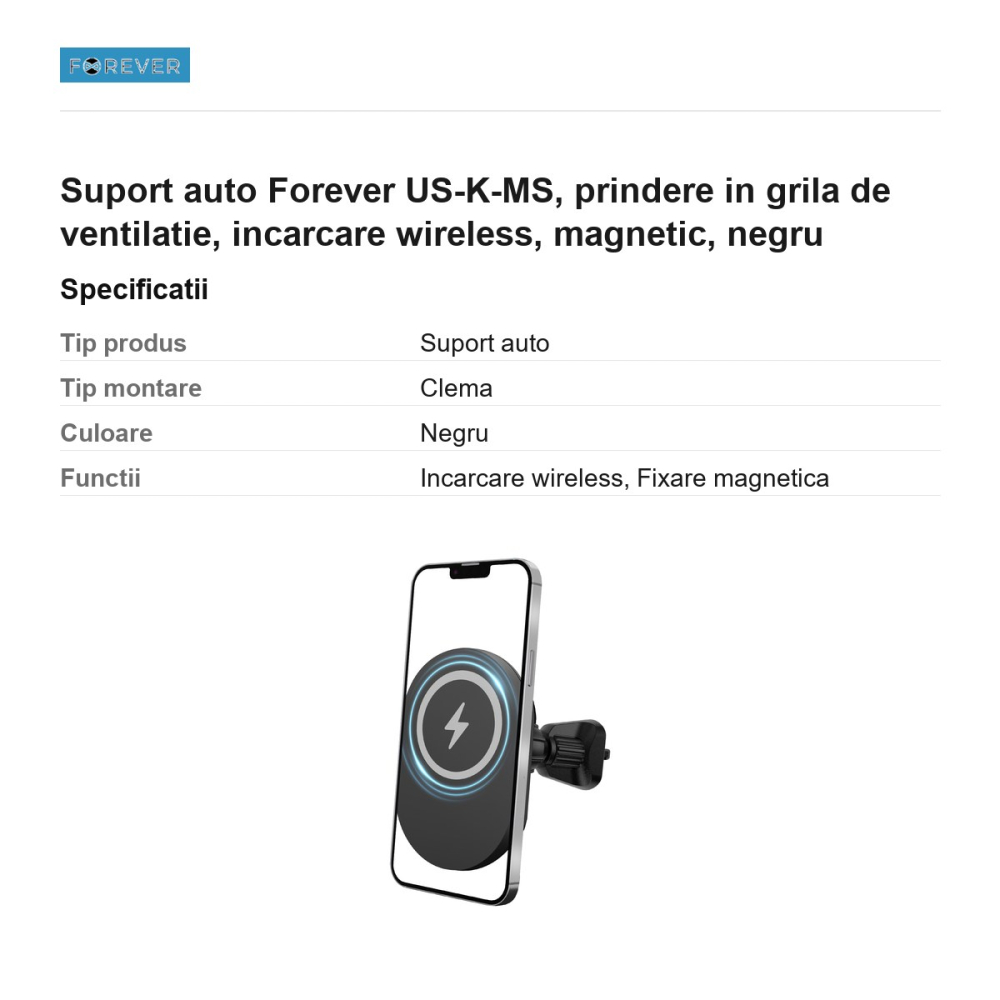 Suport auto Forever US-K-MS, prindere in grila de ventilatie, incarcare wireless, magnetic, negru [3]