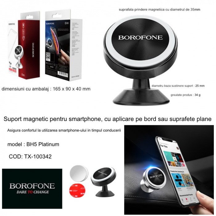 Suport auto magnetic, pentru smartphone, Borofone BH5 Platinum, cu prindere pe bord, negru [5]
