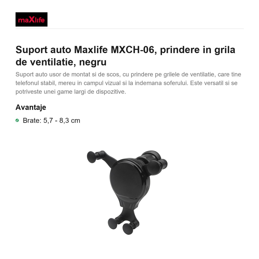 Suport auto Maxlife MXCH-06, prindere in grila de ventilatie, negru [2]
