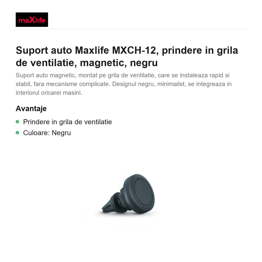 Suport auto Maxlife MXCH-12, prindere in grila de ventilatie, magnetic, negru [2]