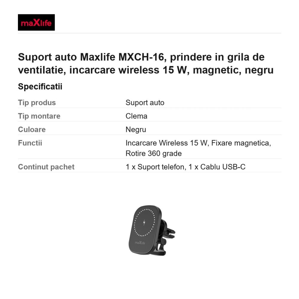 Suport auto Maxlife MXCH-16, prindere in grila de ventilatie, incarcare wireless 15 W, magnetic, negru [3]