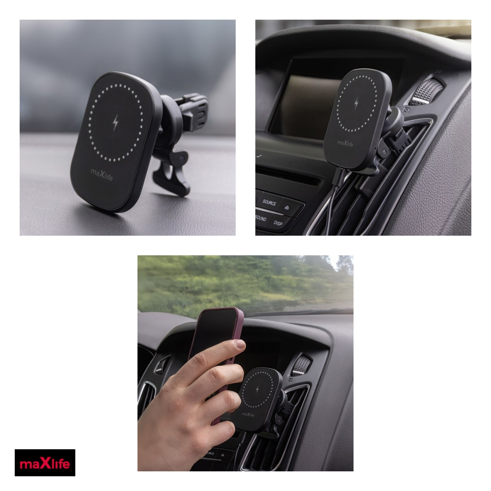 Suport auto Maxlife MXCH-16, prindere in grila de ventilatie, incarcare wireless 15 W, magnetic, negru [4]