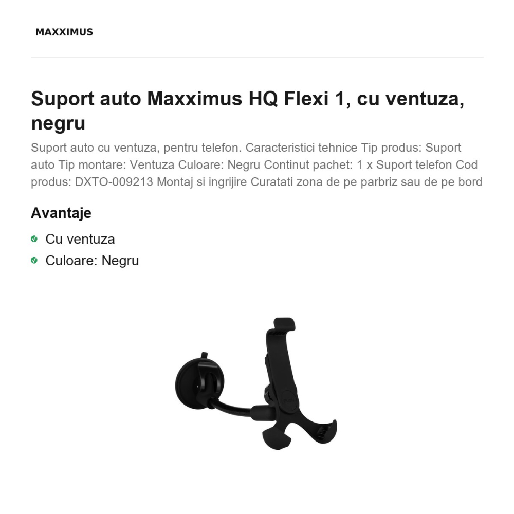 Suport auto Maxximus HQ Flexi 1, cu ventuza, negru [2]
