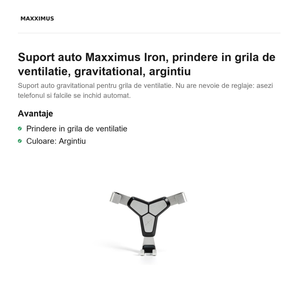 Suport auto Maxximus Iron, prindere in grila de ventilatie, gravitational, argintiu [2]