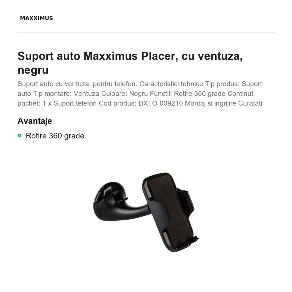 Suport auto Maxximus Placer, cu ventuza, negru [2]