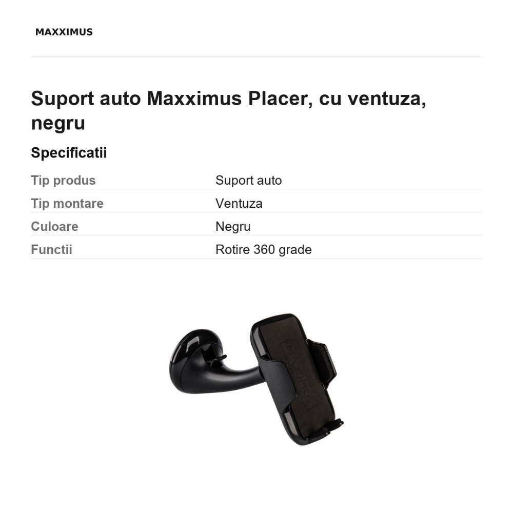 Suport auto Maxximus Placer, cu ventuza, negru [3]