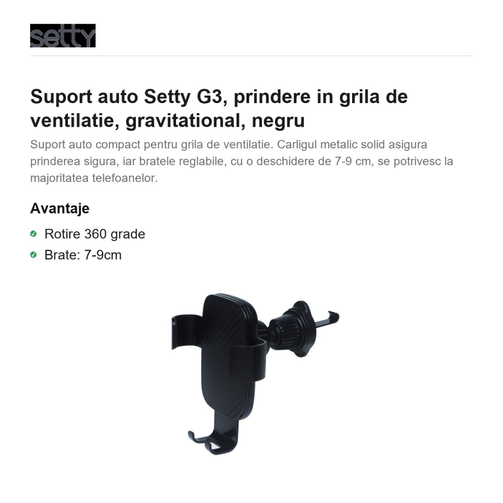 Suport auto Setty G3, prindere in grila de ventilatie, gravitational, negru [2]