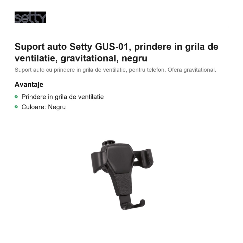 Suport auto Setty GUS-01, prindere in grila de ventilatie, gravitational, negru [2]