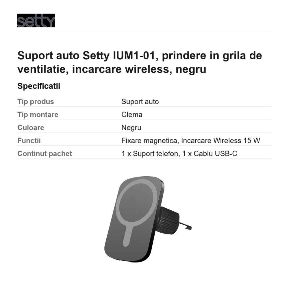 Suport auto Setty IUM1-01, prindere in grila de ventilatie, incarcare wireless, negru [3]