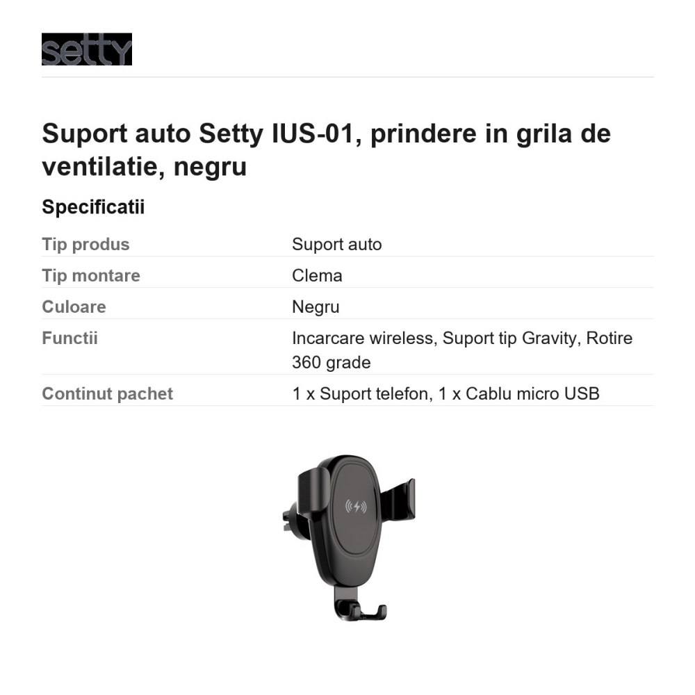 Suport auto Setty IUS-01, prindere in grila de ventilatie, negru [3]