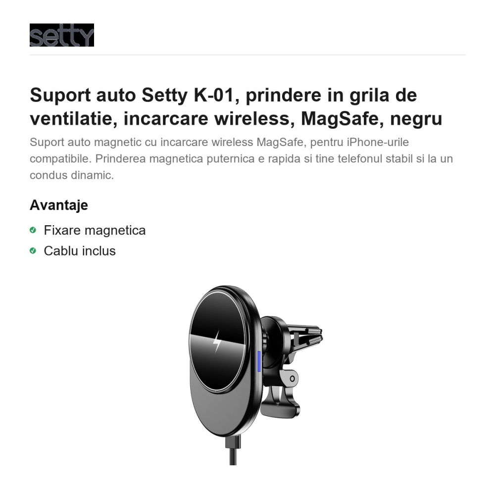 Suport auto Setty K-01, prindere in grila de ventilatie, incarcare wireless, MagSafe, negru [2]