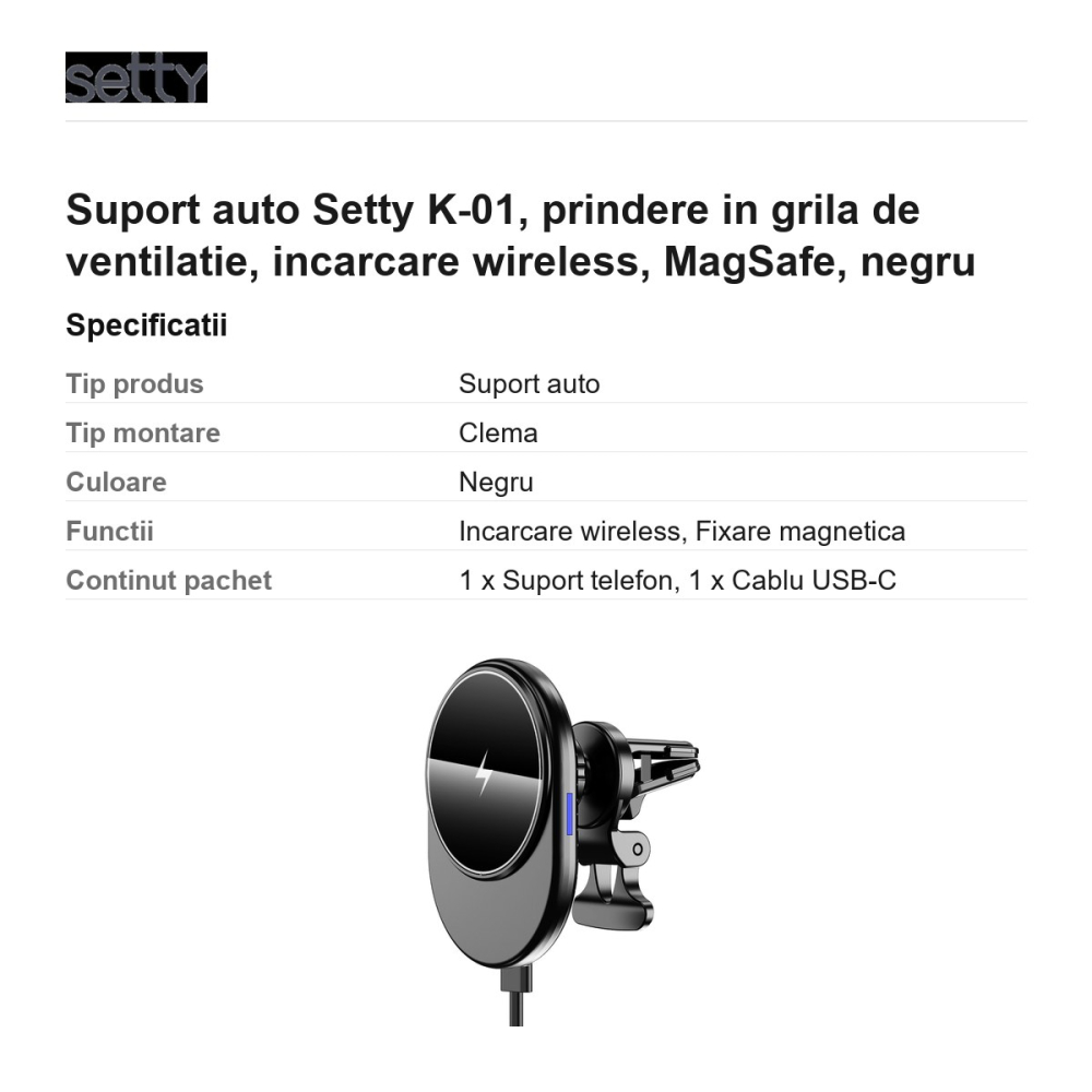 Suport auto Setty K-01, prindere in grila de ventilatie, incarcare wireless, MagSafe, negru [3]