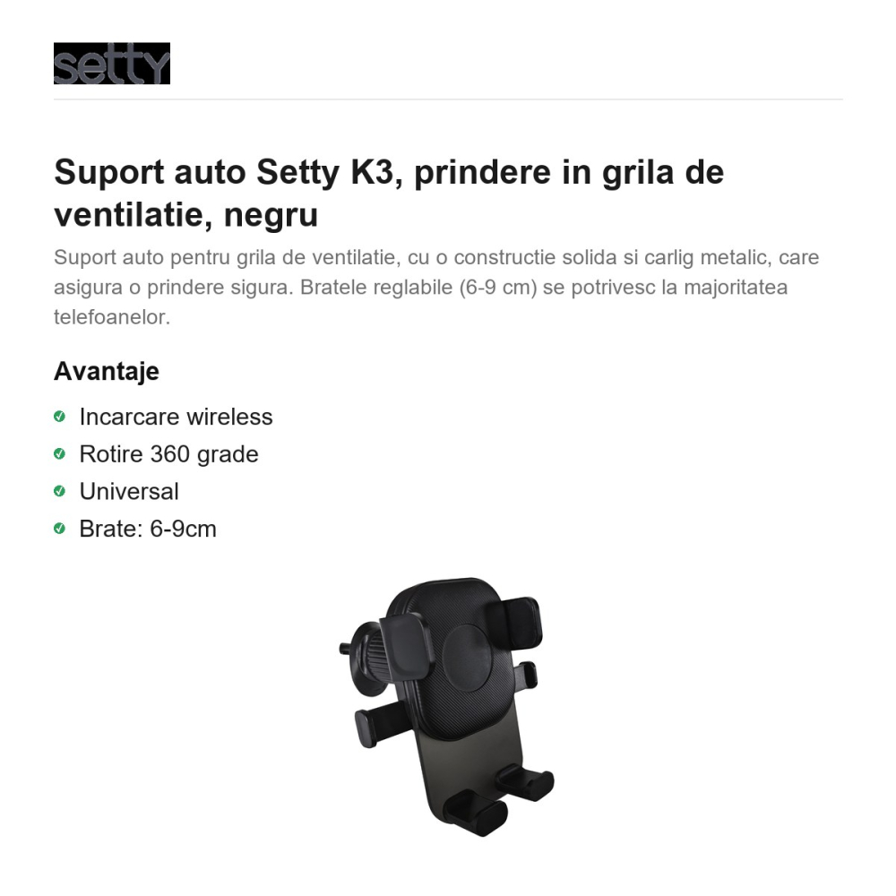 Suport auto Setty K3, prindere in grila de ventilatie, negru [2]