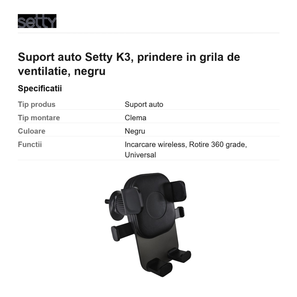 Suport auto Setty K3, prindere in grila de ventilatie, negru [3]