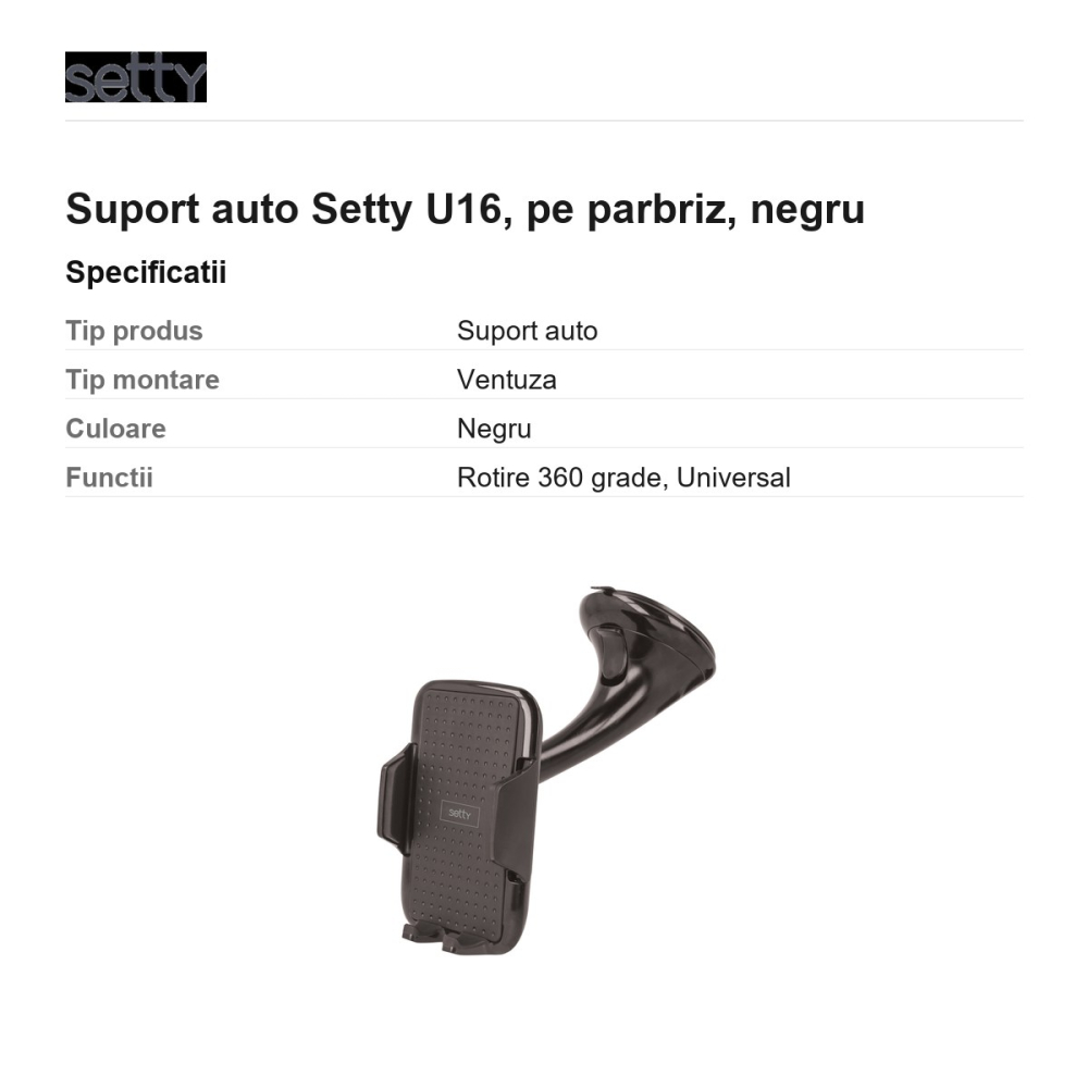Suport auto Setty U16, pe parbriz, negru [3]