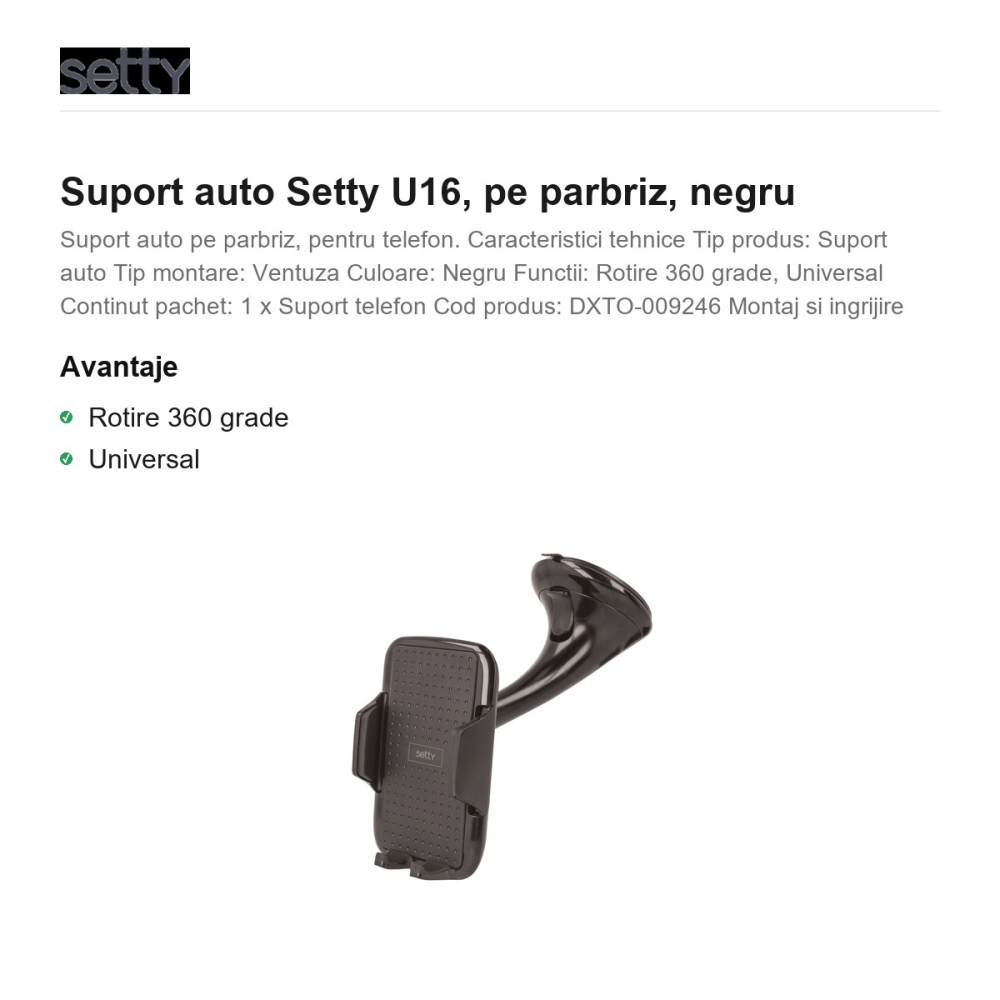 Suport auto Setty U16, pe parbriz, negru [2]