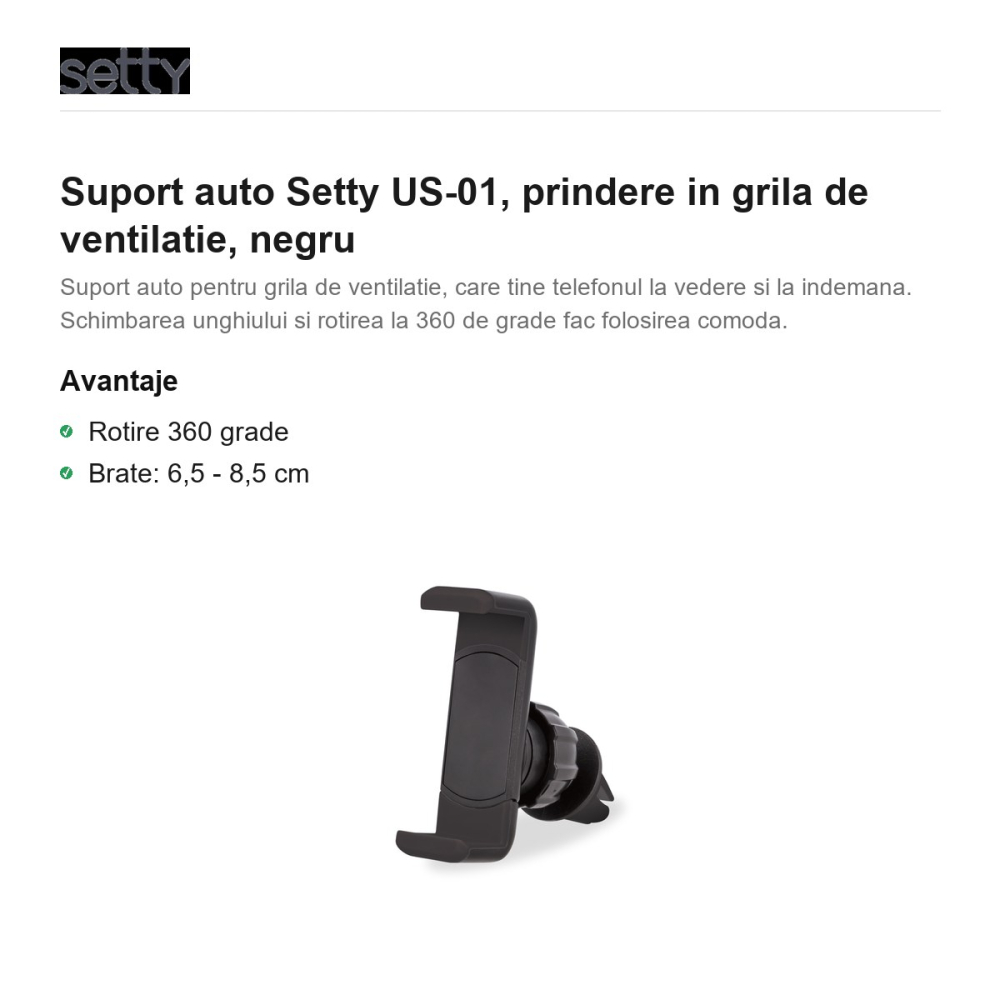 Suport auto Setty US-01, prindere in grila de ventilatie, negru [2]