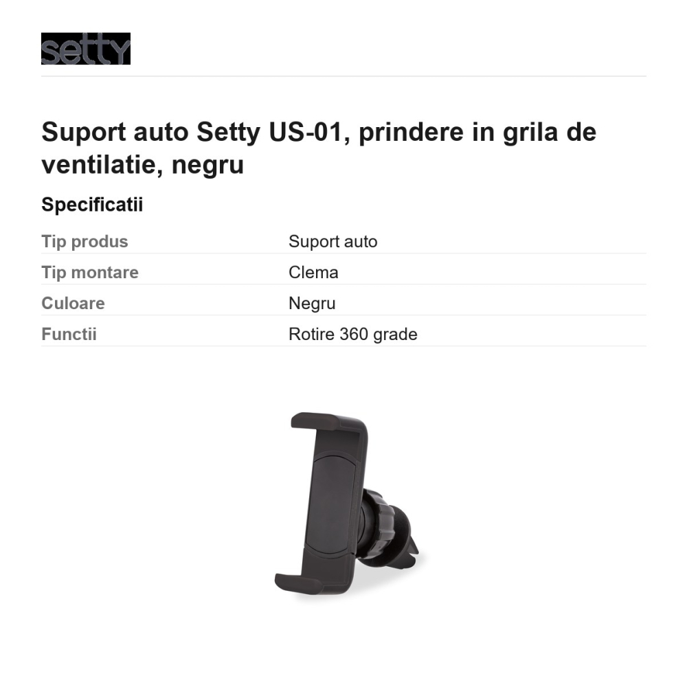 Suport auto Setty US-01, prindere in grila de ventilatie, negru [3]