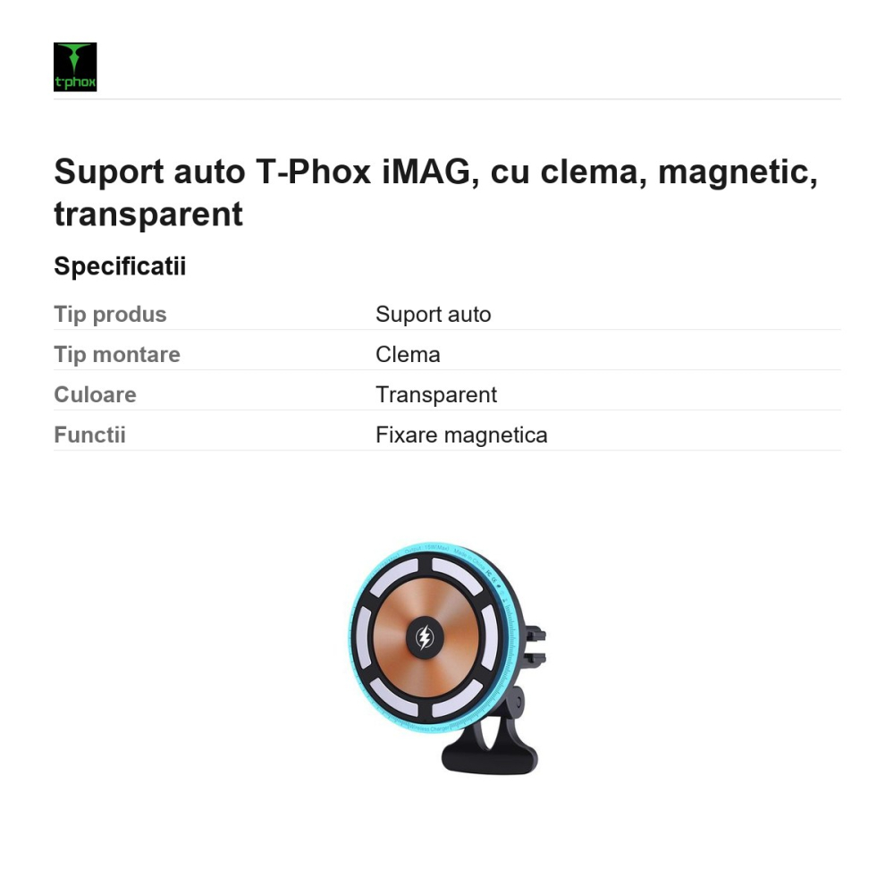 Suport auto T-Phox iMAG, cu clema, magnetic, transparent [3]