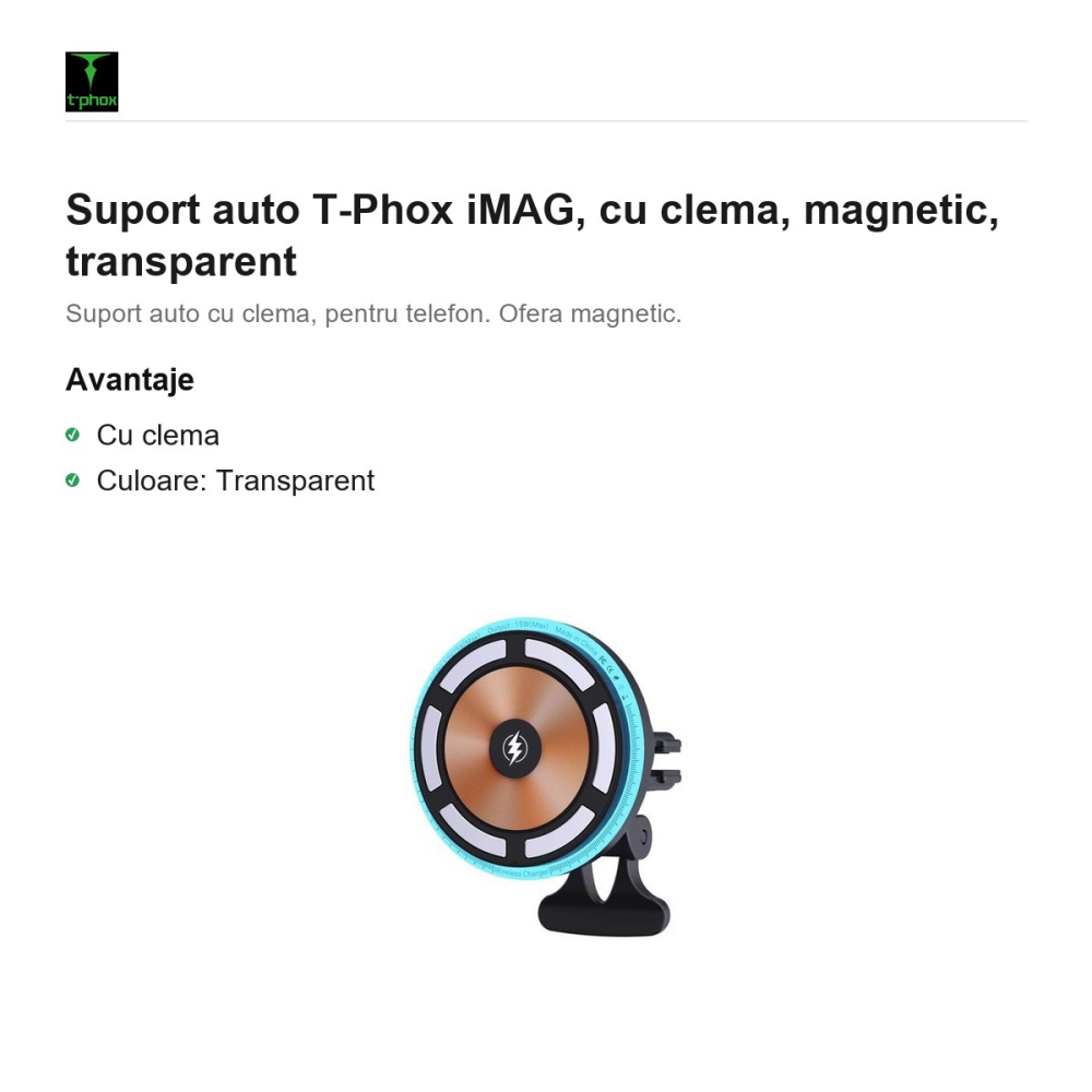 Suport auto T-Phox iMAG, cu clema, magnetic, transparent [2]