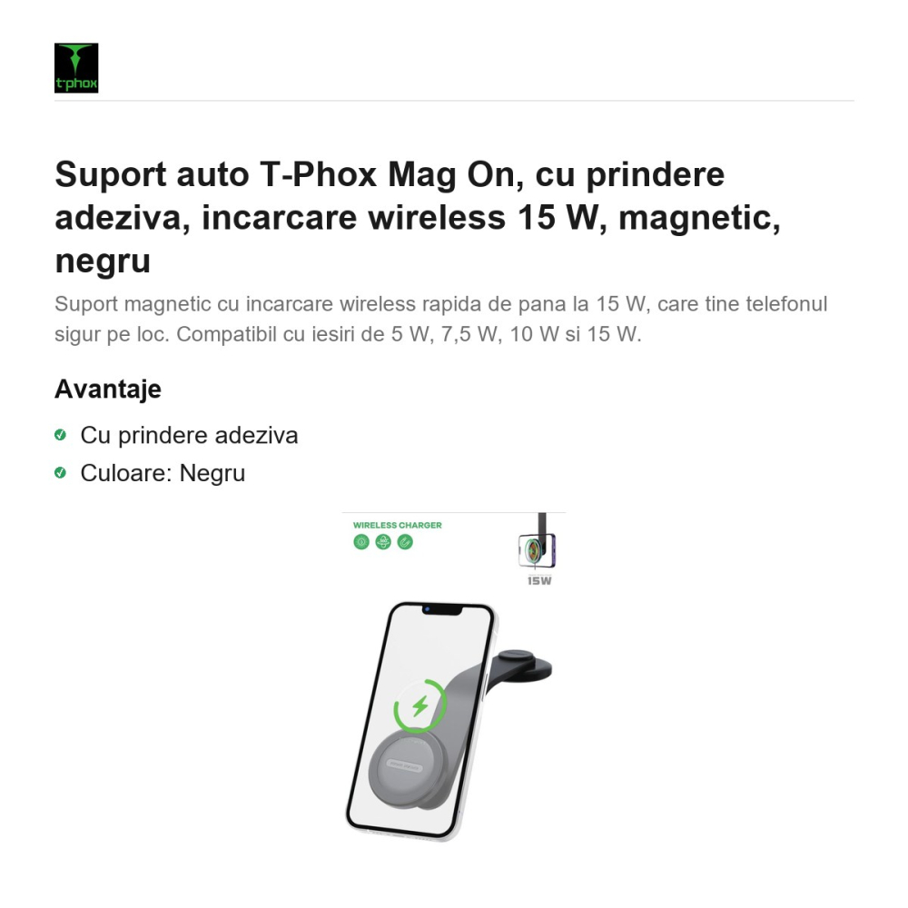 Suport auto T-Phox Mag On, cu prindere adeziva, incarcare wireless 15 W, magnetic, negru [2]