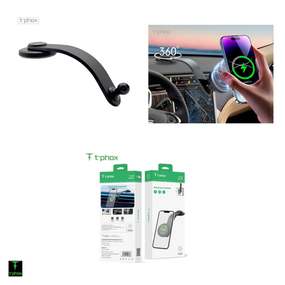 Suport auto T-Phox Mag On, cu prindere adeziva, incarcare wireless 15 W, magnetic, negru [4]