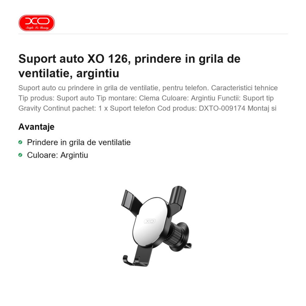 Suport auto XO 126, prindere in grila de ventilatie, argintiu [2]