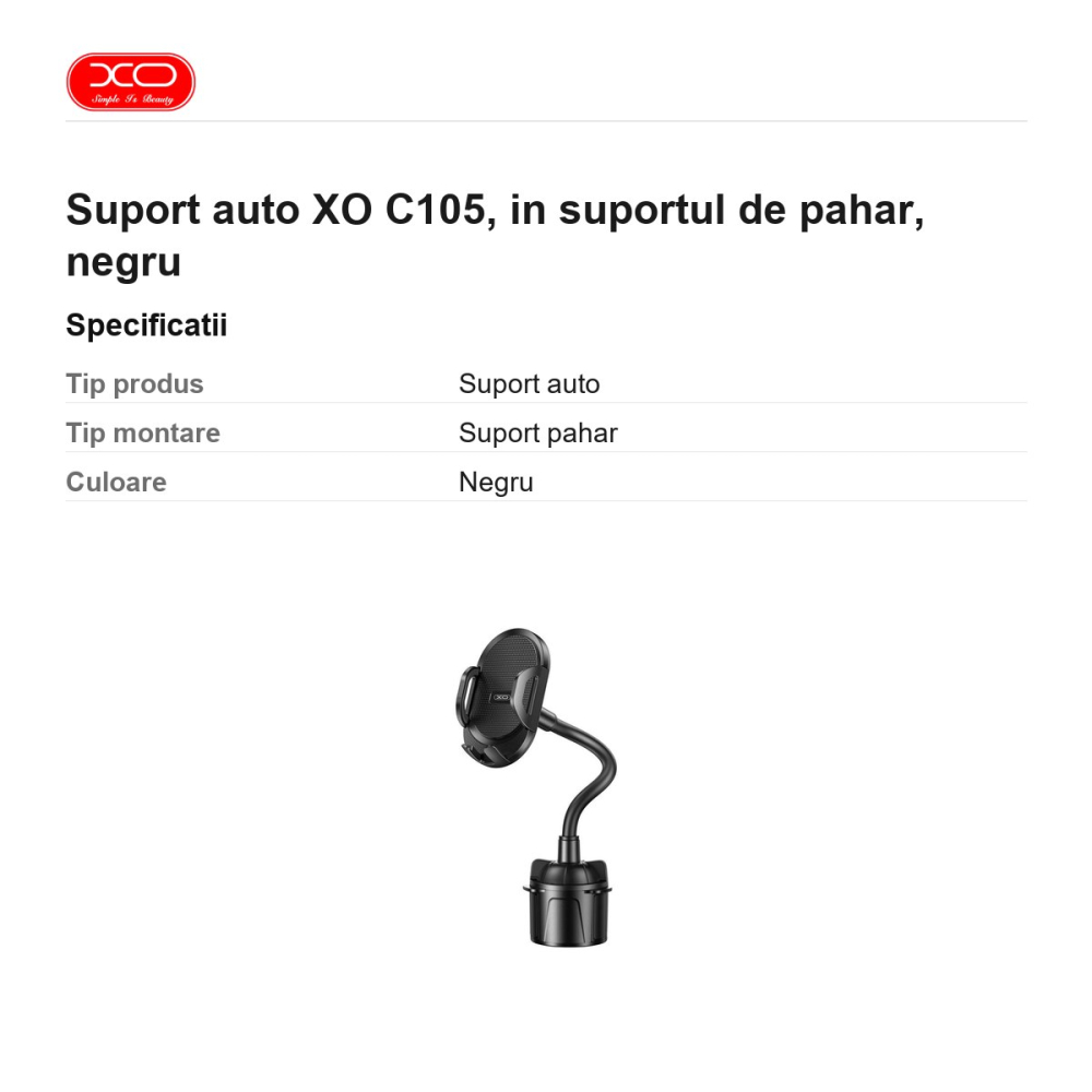 Suport auto XO C105, in suportul de pahar, negru [3]