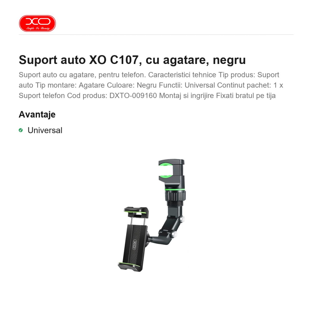 Suport auto XO C107, cu agatare, negru [2]