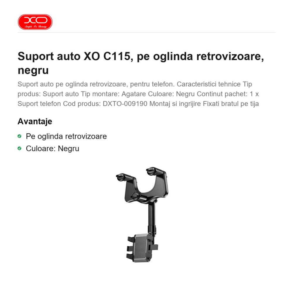 Suport auto XO C115, pe oglinda retrovizoare, negru [2]