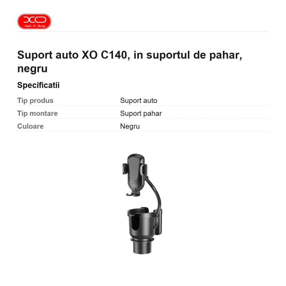 Suport auto XO C140, in suportul de pahar, negru [3]